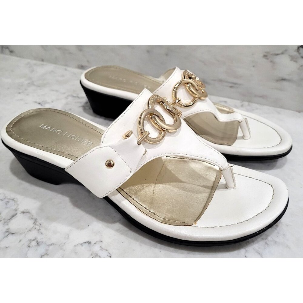 Marc Fisher Womens White Strappy Sandals with Gold Chain Detail Size 6.5M